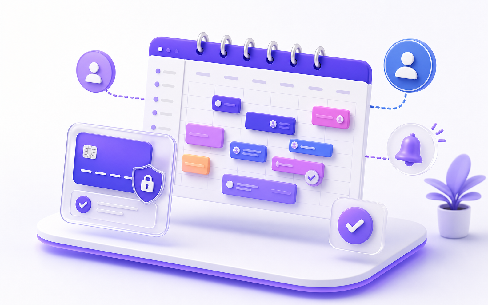 Stylized Appointly calendar, deposit, reminder, and confirmed booking illustration